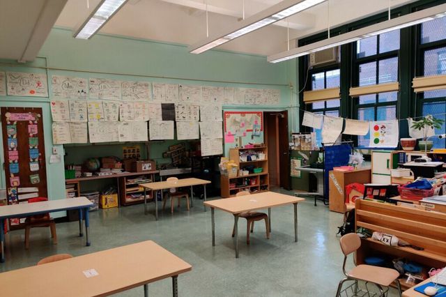 An empty classroom in New York City during the COVID-19 pandemic.